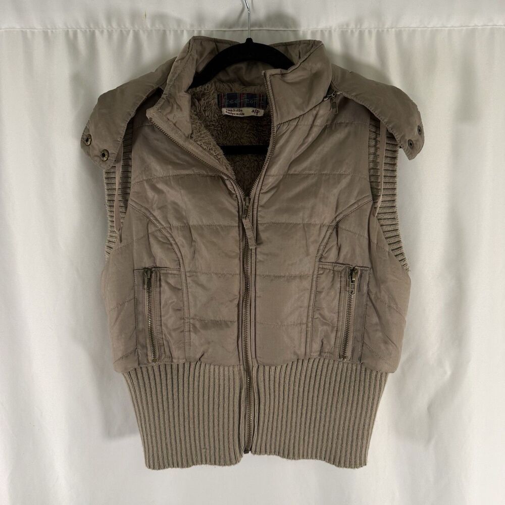 Free People Puffer Vest Women's Small Brown Zip Off Hooded Fleece Lined Full Zip